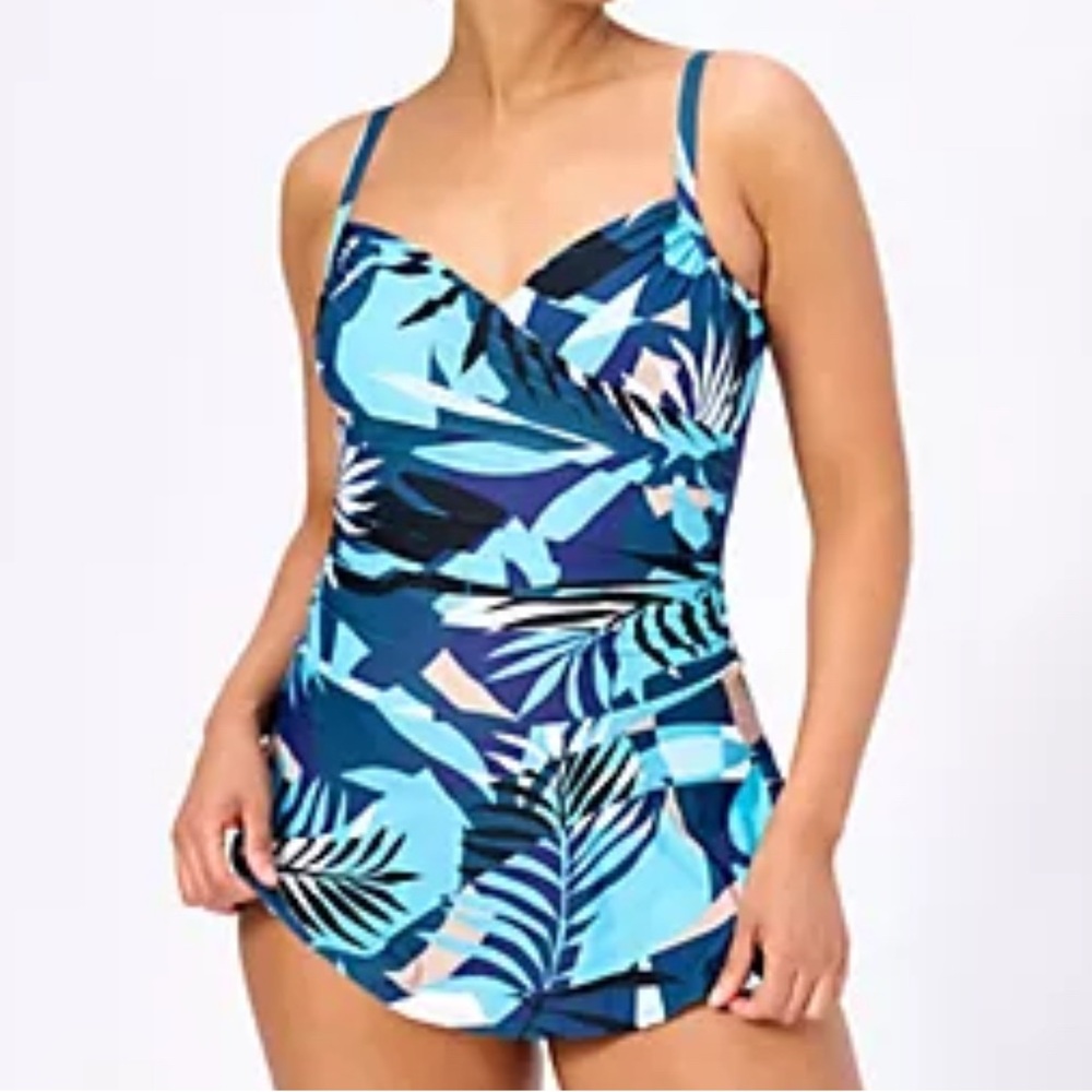 Womens Flirty Wrap Front Bathing Suit Swim‎ Dress Tropical Print Size 4